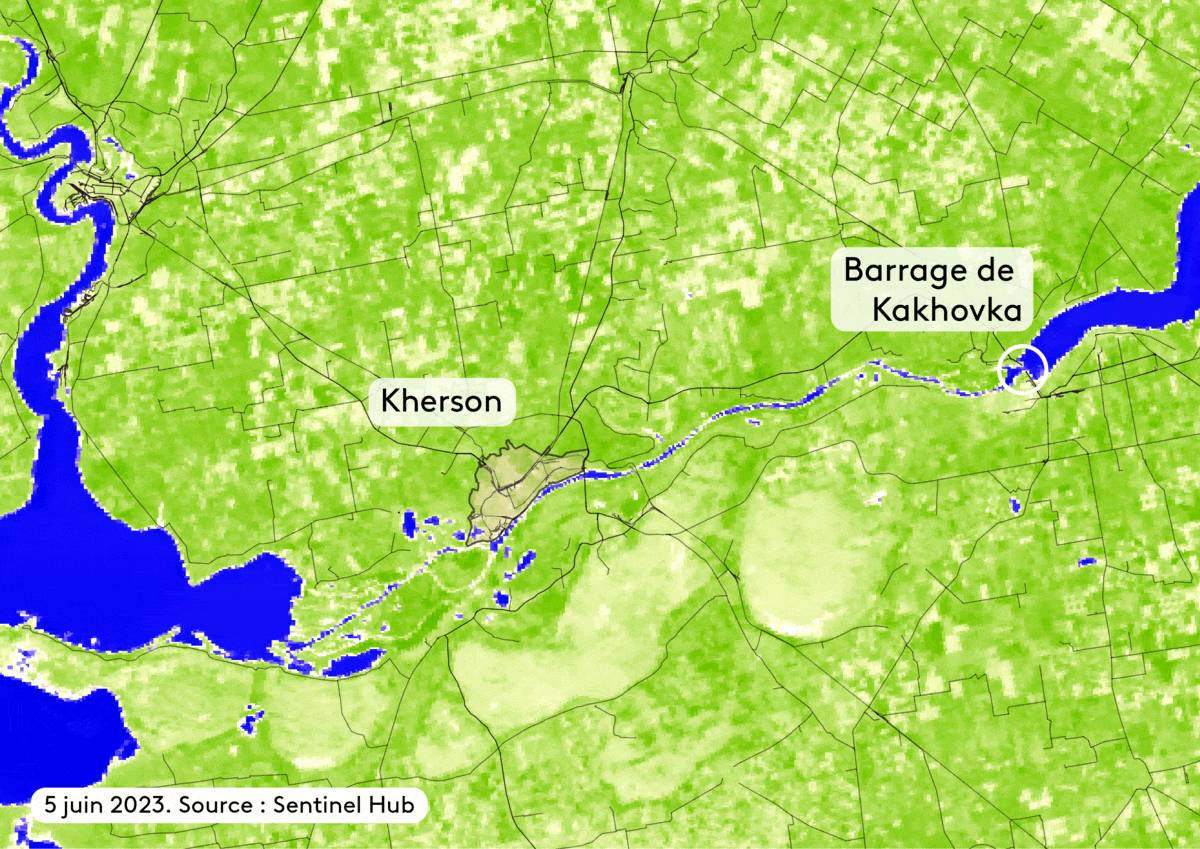 Evolution des inondations en amont du barrage de Khakovka