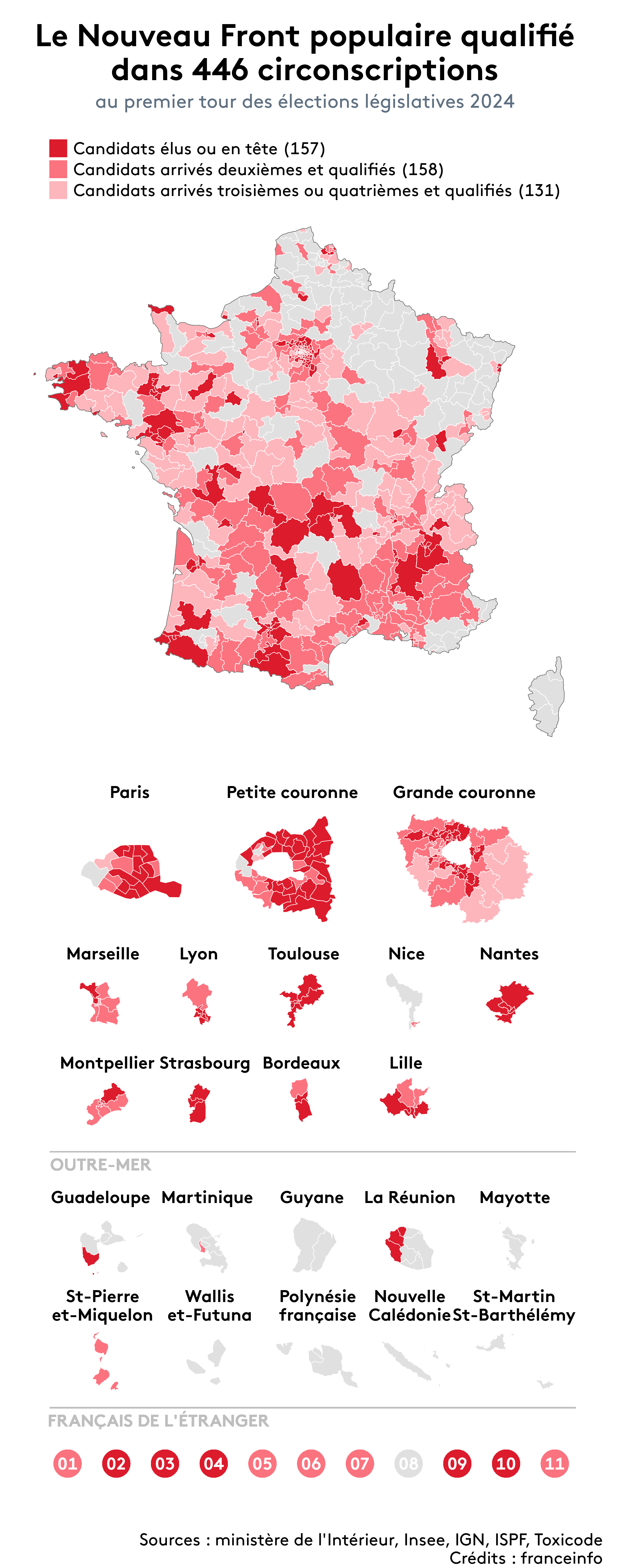 Carte des circonscriptions où le Nouveau Front populaire s'est qualifié pour le second tour des élections législatives 2024